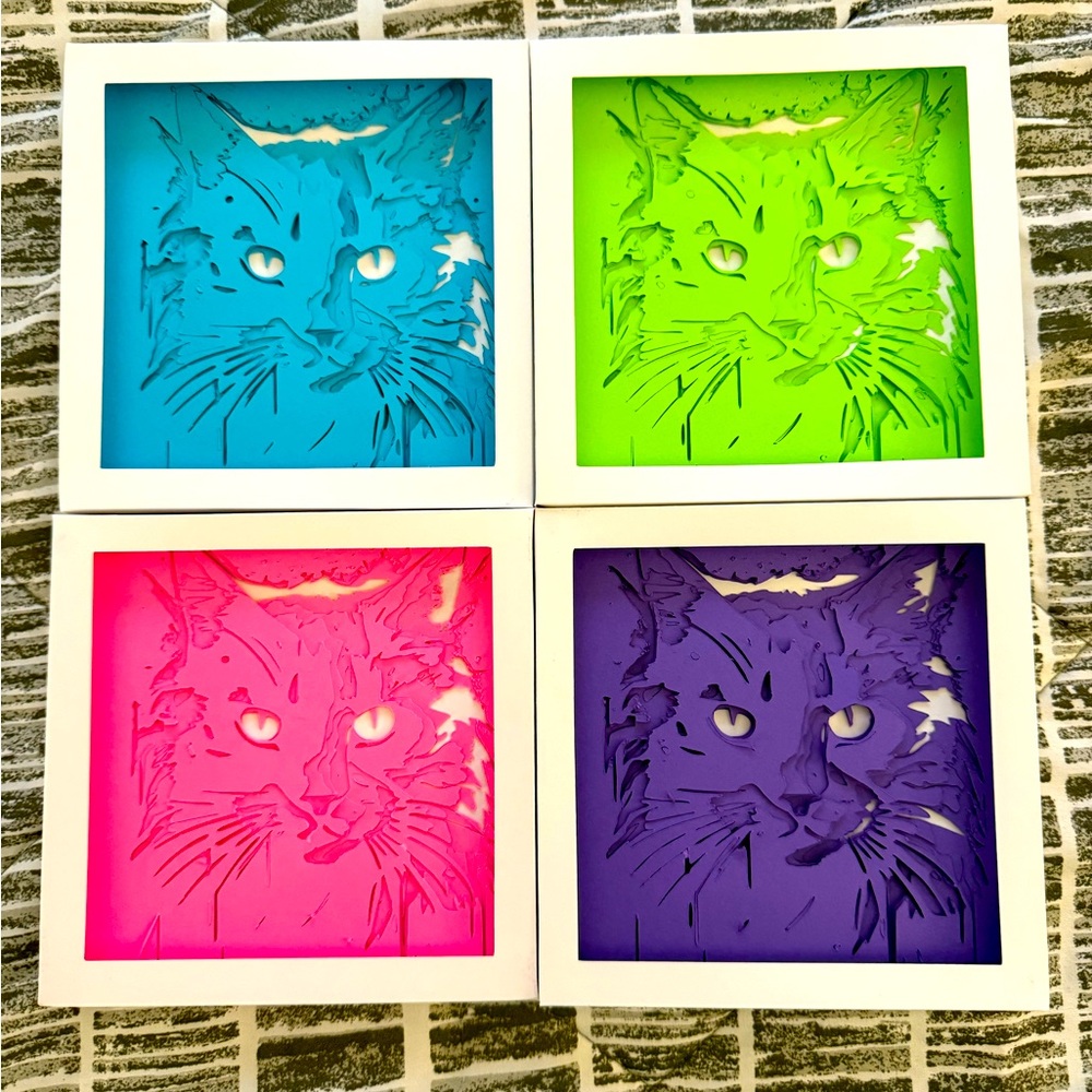 New neon pop art Andy Warhol Cat Wall Art Set 10x10 cats kitty shadow box framed